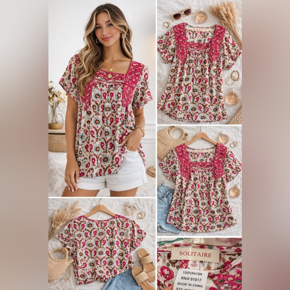 Solitaire Pink Multi-Print Patchwork Square Neck … - image 2